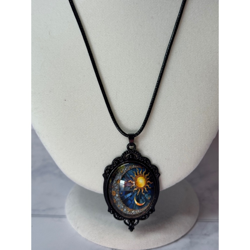 Celestial Sun Moon Stained Glass Necklace Black Filigree Pendant Gothic NEW
